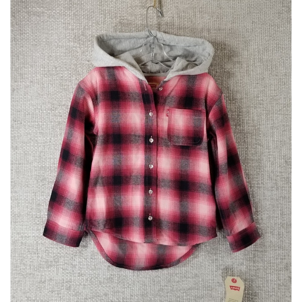 Levi's Girls Flannel Shirt Hooded Button Up Pink Plaid‎ Size 5 Small NEW